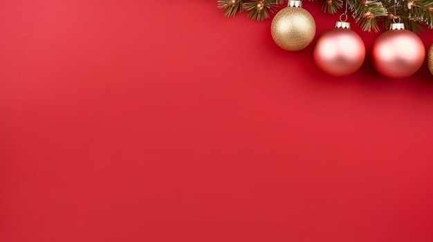 Weihnachtskomposition Weihnachten rote Dekorationen Tannenzweige auf rotem Hintergrund Flach gelegt oben Sicht Kopierraum