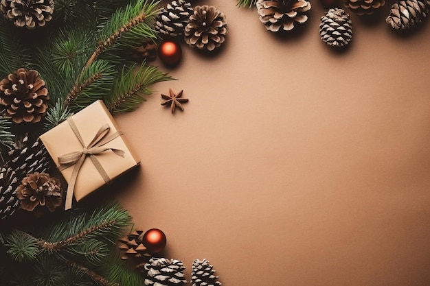Foto weihnachtskomposition weihnachten tannenzweige geschenke kiefernkegel auf hölzernem rustikalem hintergrund