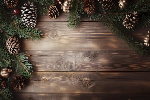 Weihnachtskomposition Weihnachtstannenzweige Geschenke Tannenzapfen auf Holzhintergrund