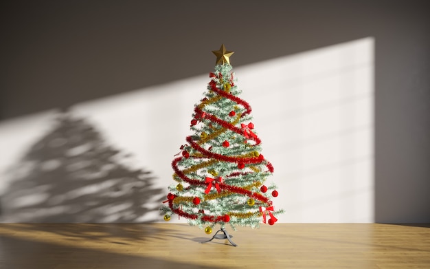 Weihnachtskonzept Innenraum Weihnachtsbaum Geschenkbox im Reinraum Interieur mit Holzboden