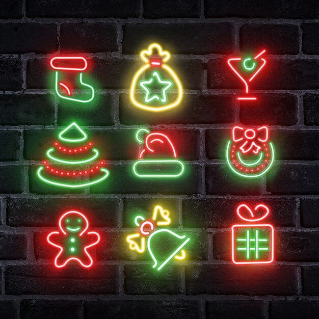 Weihnachtskonzept. Satz Neon-App-Schilder über dunkler Backsteinmauer