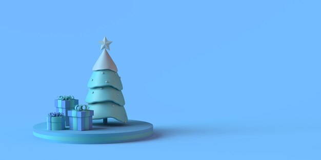 Weihnachtskonzept Weihnachtsbaum mit Schnee und Geschenkboxen auf Sockel Textfreiraum