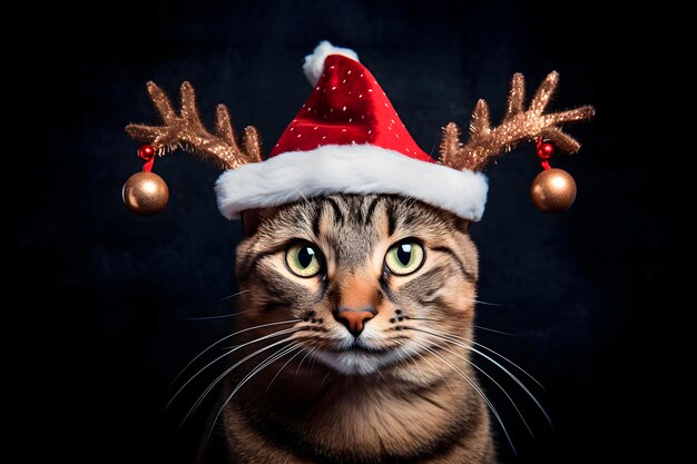 Weihnachtskonzept weiße Katze mit Hirschenhörnern auf dunklem Hintergrund KI generiert