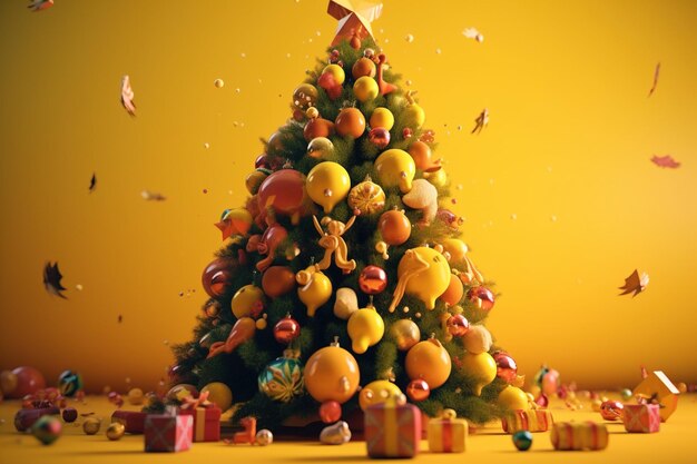 Weihnachtskonzeptinteressanter Weihnachtsbaum auf gelbem Hintergrund Generative KI