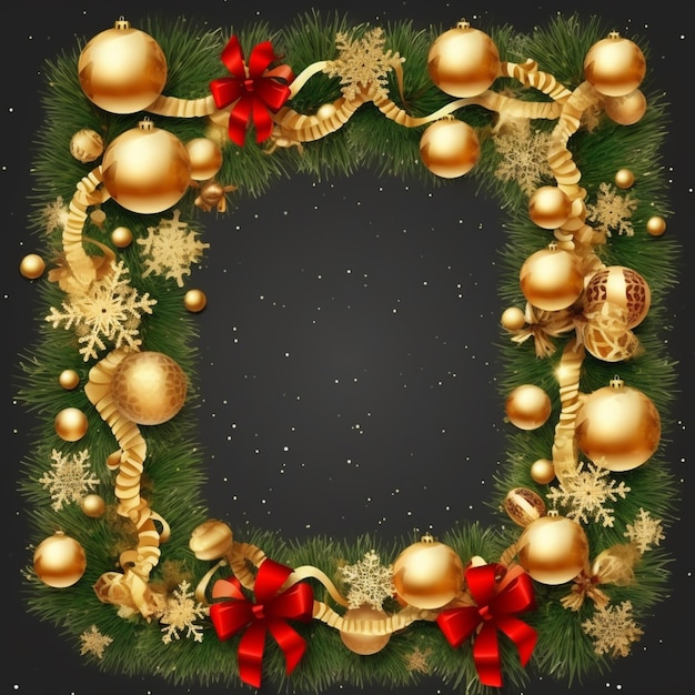 Weihnachtskränz mit goldenen Kugeln und Schleifen auf schwarzem Hintergrund