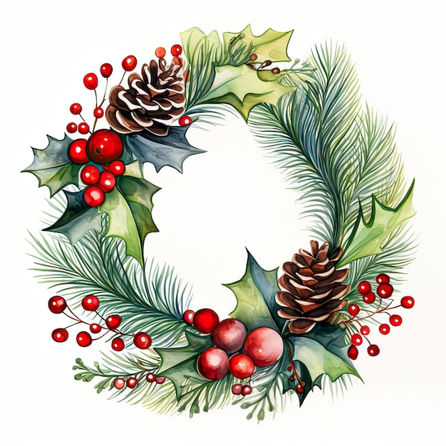 Weihnachtskränze mit roten Beeren und Fichtenzweigen, Aquarellillustration