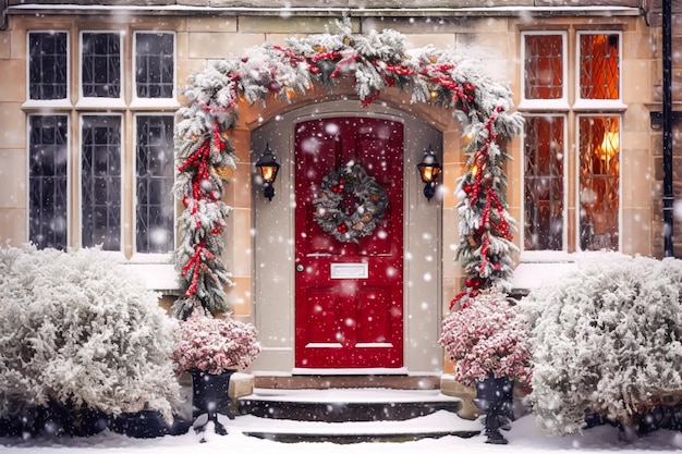 Weihnachtskränze und Dekoration auf einer klassischen roten Tür bei schneebedeckten Winterferien Frohe Weihnachten und frohe Feiertage wünscht generative ai