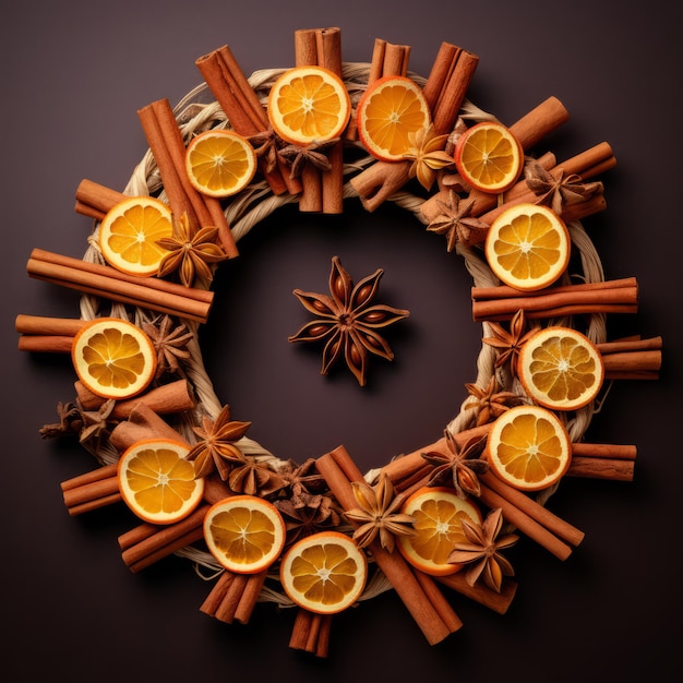 Weihnachtskranz, der aus gewebten Zimtstäbchen hergestellt und mit winzigen getrockneten Orangenstücken geschmückt ist