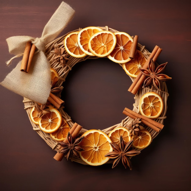 Weihnachtskranz, der aus gewebten Zimtstäbchen hergestellt und mit winzigen getrockneten Orangenstücken geschmückt ist