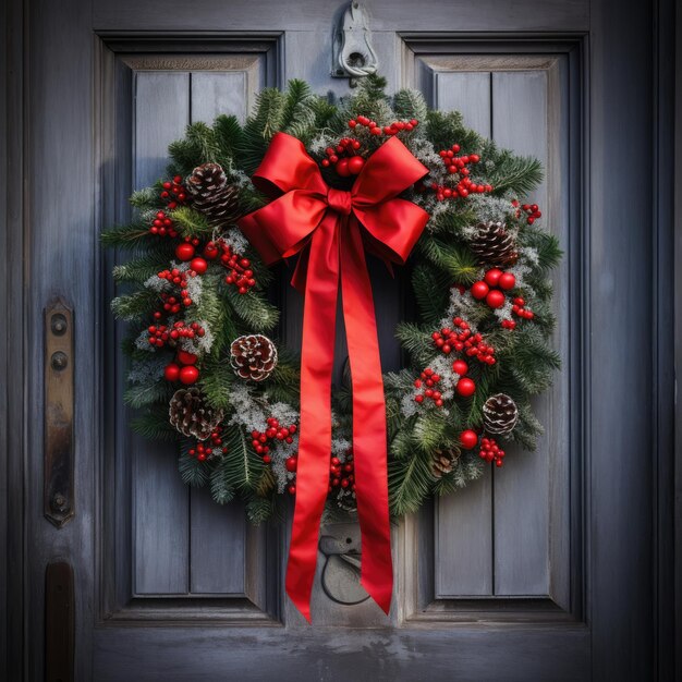 Weihnachtskranz hängt an einer mit rotem Band geschmückten Holztür