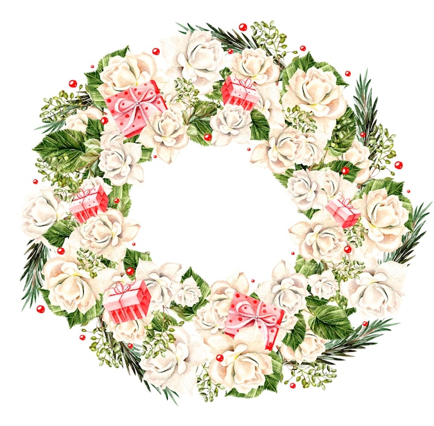 Weihnachtskranz mit weißen Rosen und Geschenken Aquarell