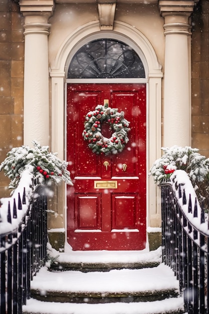 Weihnachtskranz und Dekoration an einer klassischen roten Tür an einem schneitenden Winterurlaub. Frohe Weihnachten und schöne Feiertage wünscht generative ai