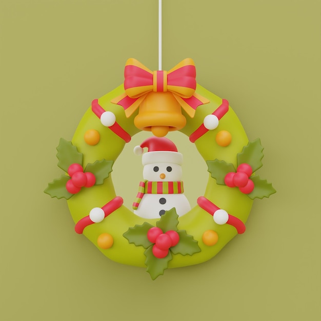 Weihnachtskranz und goldene Glocke mit Schneemann Frohe Weihnachten und guten Rutsch ins Neue Jahr 3D-Rendering