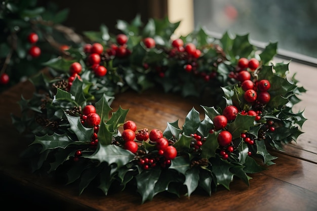 Weihnachtskranz und Stechpalmenbeeren