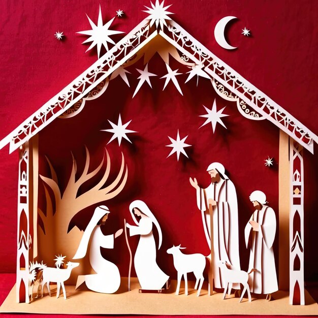 Foto weihnachtskrippe traditionelles design aus papier traditionelles papercut papier handgefertigt