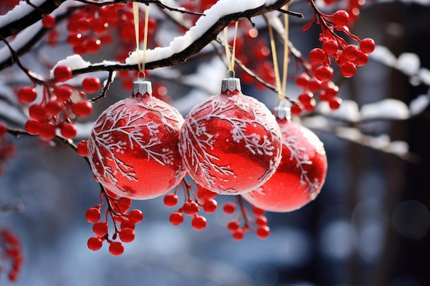 Weihnachtskugel hängt draußen an einem verschneiten Ast. Natürliche saisonale Dekoration. Generative KI
