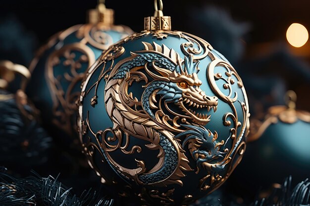Weihnachtskugel mit Drachengravur hängt am Baum, Drachensymbol für das neue Jahr 2024