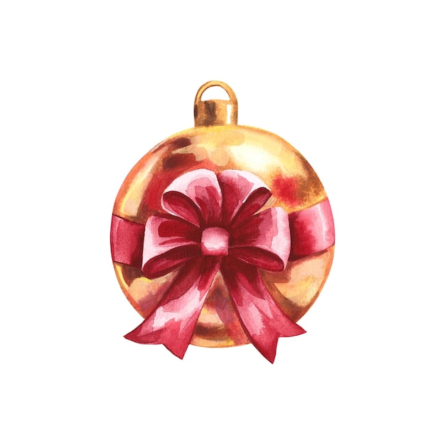 Weihnachtskugel mit roter Schleife Aquarellillustration