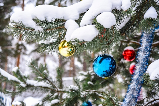 Weihnachtskugeln, die an einem natürlichen Baum hängen