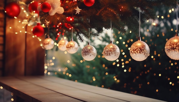 Weihnachtskugeln hängen an Weihnachtsbaumzweigen Generative KI