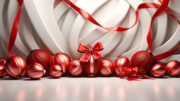 Weihnachtskugeln mit roten Bändern auf weißem Hintergrund