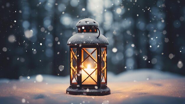 Weihnachtslampe im Schnee mit Winterwald als Hintergrund