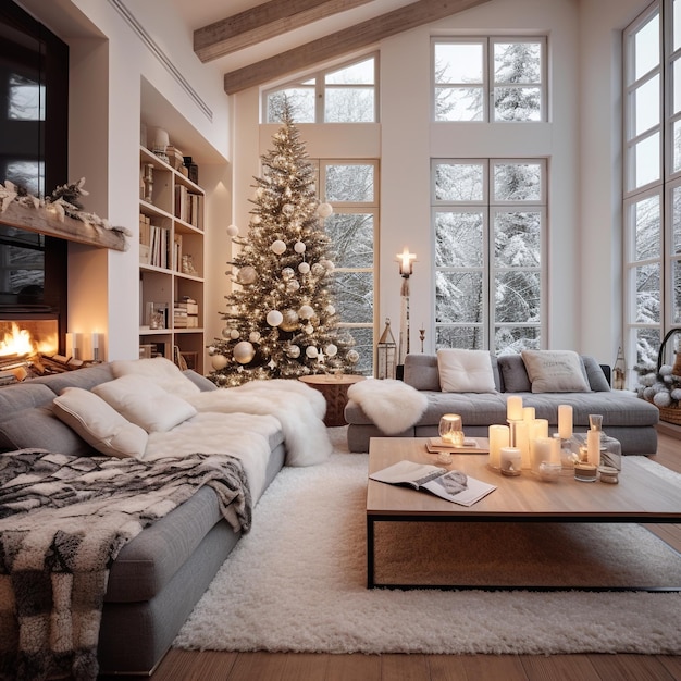 Weihnachtslandschaft mit einem mit Weihnachtsbaum, Ornamenten und Geschenken geschmückten Raum