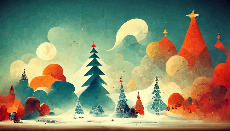 Foto weihnachtslandschaft mit schnee und bäume mit lichtern weihnachtslandschaftsillustration
