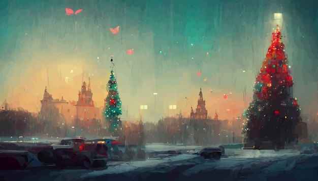 Weihnachtslandschaft mit Schnee und Bäume mit Lichtern Weihnachtslandschaftsillustration