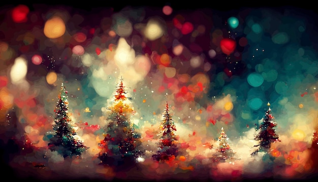 Weihnachtslandschaft mit Schnee und Bäume mit Lichtern Weihnachtslandschaftsillustration