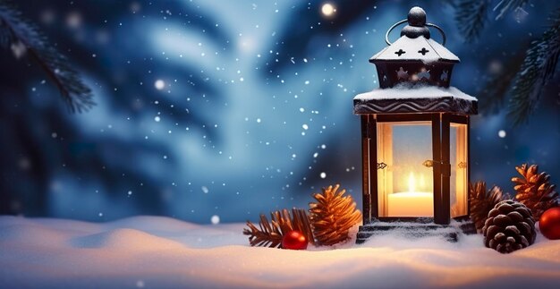 Weihnachtslaterne auf Schnee mit Tannenzweig in der Abendszene Generative KI