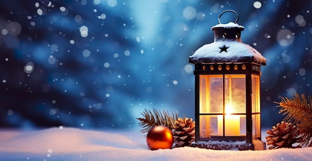Weihnachtslaterne im Schnee mit Tannenzweig in der Abendszene Generative KI