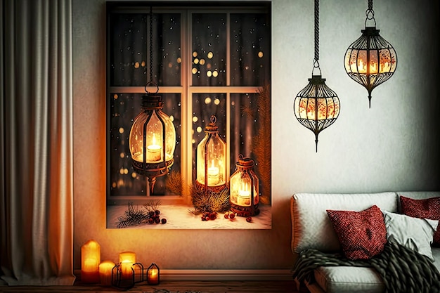 Weihnachtslaternen am Fenster hängen in einem geschmückten Raum mit Weihnachtsbaum, der mit generativem a erstellt wurde