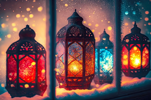 Weihnachtslaternen am Fenster rote und gelbe Lichter mit Schneeflocken, die mit generativer KI erstellt wurden