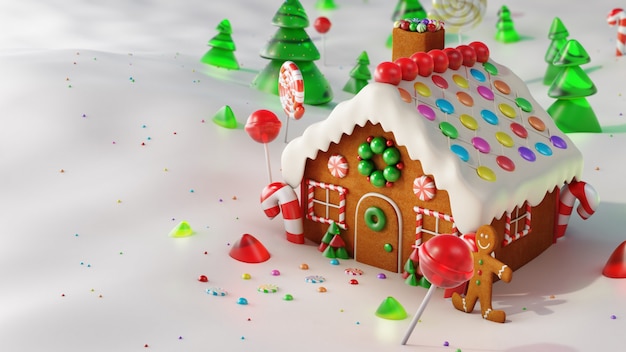 Weihnachtslebkuchenhaus im Schnee. 3D-Rendering