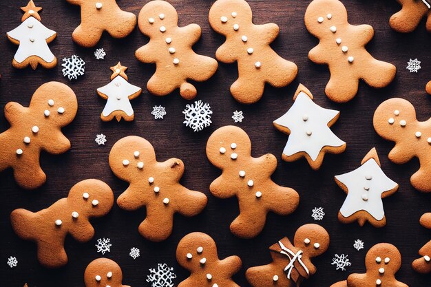 Weihnachtslebkuchenplätzchen auf dunklem Hintergrund des Kochtisches Banner Draufsicht Kopierbereich NeujahrskonzeptFestliche Weihnachtsplätzchen machen Draufsicht Kopierbereich