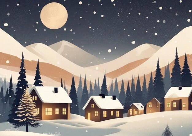 Weihnachtsmagie Weihnachtsbaum Winterzeit Schnee ai Illustration Vintage Postkarten Dorf