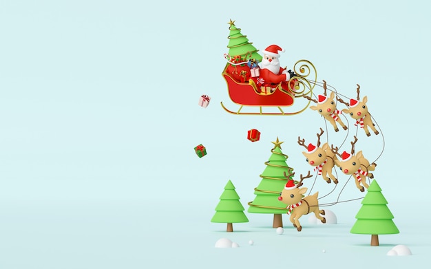 Weihnachtsmann auf einem Schlitten, der durch Rentier-3D-Rendering-Hintergrund gezogen wird