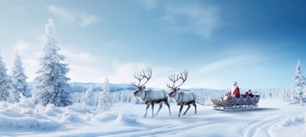 Weihnachtsmann auf einem Schlitten mit Rentieren fährt durch den Winterwald Neujahrskarte Weihnachten-Atmosphäre Vintage-Farben