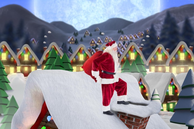 Foto weihnachtsmann auf hüttendach vor malerischer stadt mit hellem mond