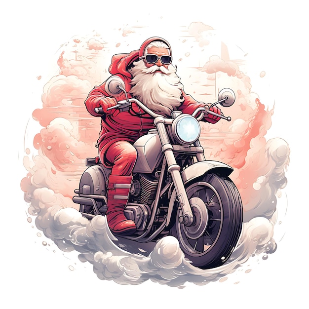 Weihnachtsmann auf Motorrad T-Shirt Logo-Design-Illustration auf massivem Hintergrund