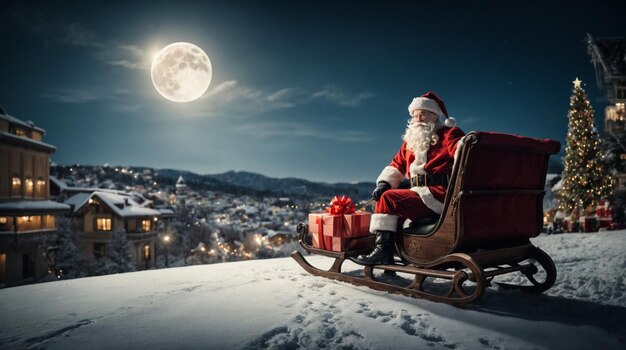 Weihnachtsmann auf Schlitten mit Geschenkkiste gegen hellen Mond über der Stadt