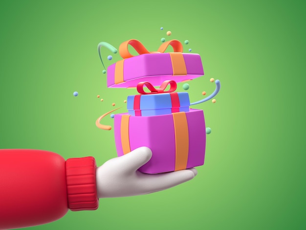 Weihnachtsmann behandschuhte Hände halten rosa Geschenkbox 3D Illustration Rendering