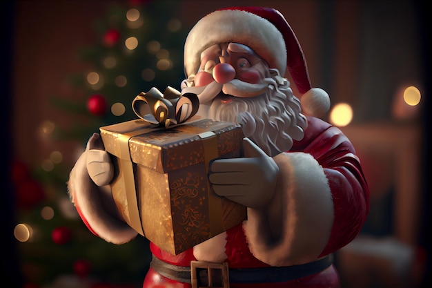 Weihnachtsmann, der frohe weihnachten einer festlichen geschenkbox hält