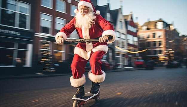Foto weihnachtsmann fährt auf einem elektrisch angetriebenen brett durch amsterdam