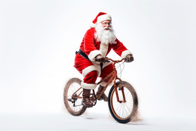 Weihnachtsmann fährt Fahrrad isoliert auf weißem Hintergrund