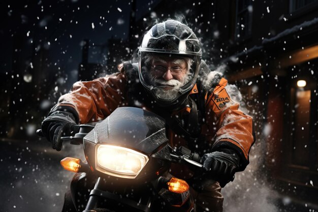 Weihnachtsmann fährt in verschneiter Nacht Motorrad, um Weihnachtsgeschenke auszuliefern