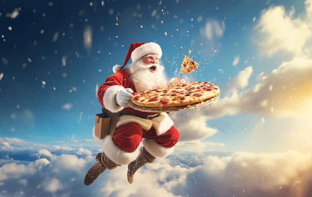 Weihnachtsmann fliegt mit Pizza-Konzeptkunstbild