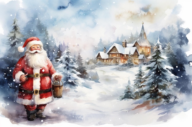 Weihnachtsmann gegen Weihnachten-Hintergrund Aquarellillustration für Postkarten-Designdruck