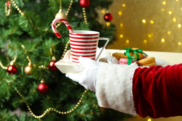 Weihnachtsmann hält Becher und Teller mit Keksen in der Hand, auf hellem Hintergrund